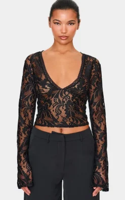 Black Lace Plunge Flared Sleeve Long Top