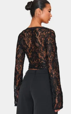 Black Lace Plunge Flared Sleeve Long Top