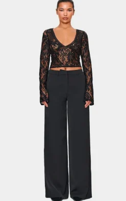Black Lace Plunge Flared Sleeve Long Top