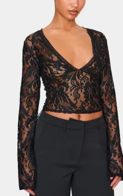 Black Lace Plunge Flared Sleeve Long Top