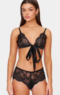 Black Lace Ribbon Tie Lingerie Set