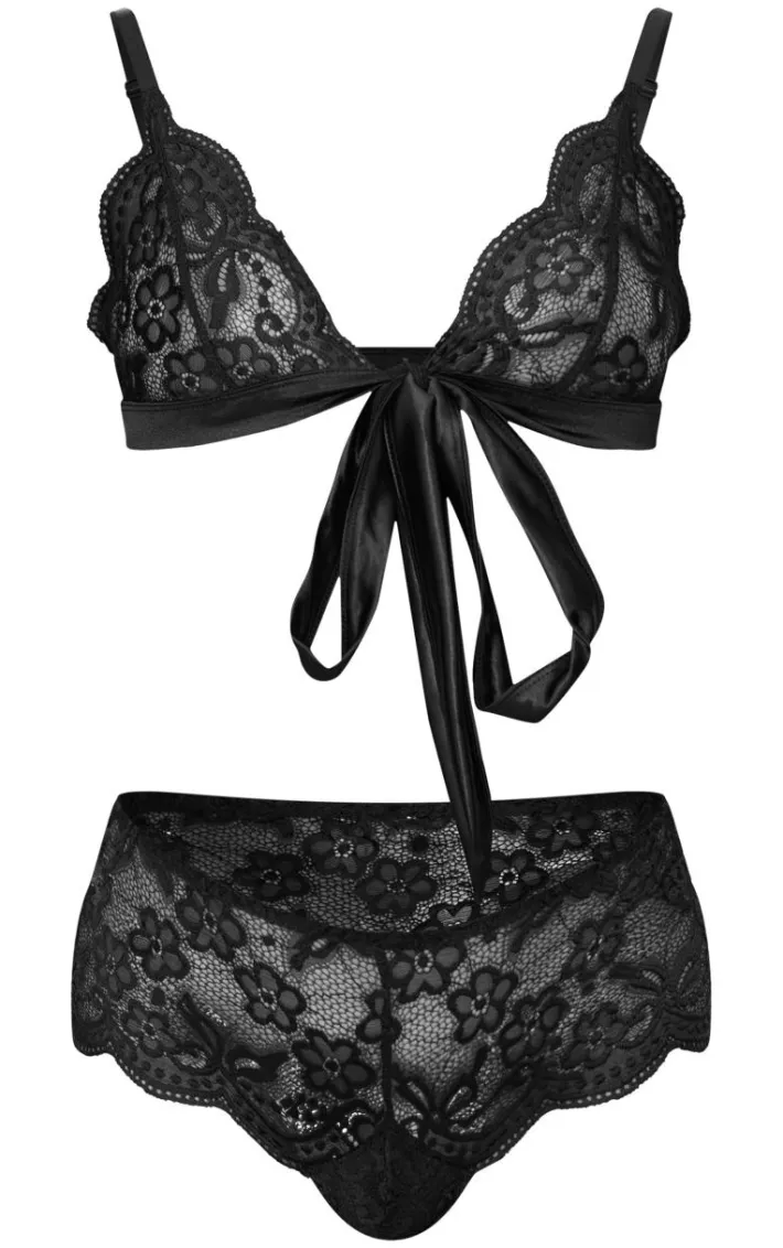 Black Lace Ribbon Tie Lingerie Set