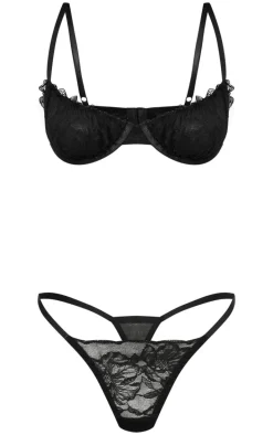 Black Lace Ruched Bust Lingerie Set
