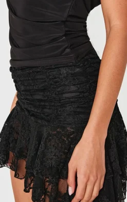 Black Lace Ruched Drape Detail Mini Skirt
