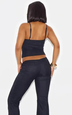 Black Lace Ruched Mesh Strappy Top