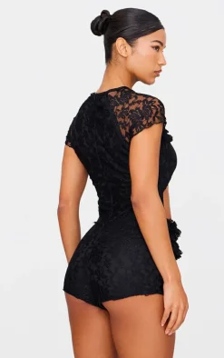Black Lace Ruffle Detail Cut Out Rara Unitard