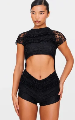 Black Lace Ruffle Detail Cut Out Rara Unitard