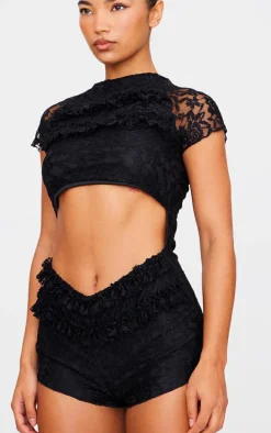 Black Lace Ruffle Detail Cut Out Rara Unitard