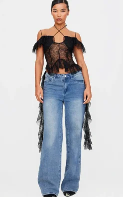 Black Lace Ruffle Halterneck Long Top