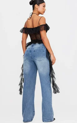 Black Lace Ruffle Halterneck Long Top