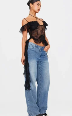 Black Lace Ruffle Halterneck Long Top