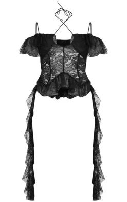 Black Lace Ruffle Halterneck Long Top