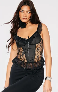Black Lace Satin Insert Bow Detail Corset