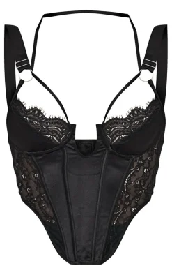 Black Lace Satin Mix Thick Strap Corset