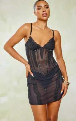 Black Lace Sheer Underwired Strappy Bodycon Dress