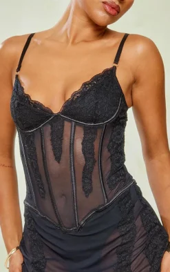 Black Lace Sheer Underwired Strappy Bodycon Dress