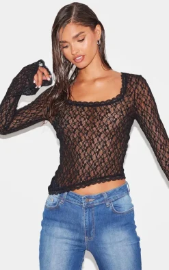 Black Lace Square Neck Trim Detail Long Sleeve Top