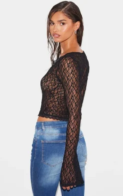 Black Lace Square Neck Trim Detail Long Sleeve Top