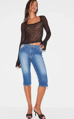 Black Lace Square Neck Trim Detail Long Sleeve Top