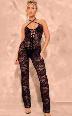 Black Lace Strappy Lace Up Jumpsuit