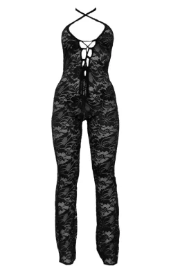 Black Lace Strappy Lace Up Jumpsuit