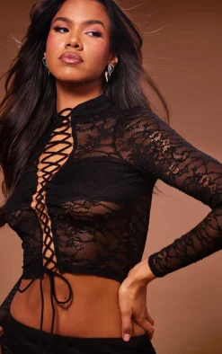 Black Lace Tie Front Long Top