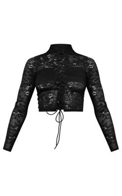 Black Lace Tie Front Long Top