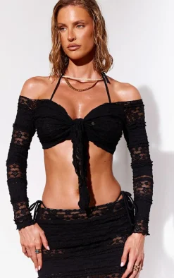 Black Lace Tie Front Long Sleeve Beach Top