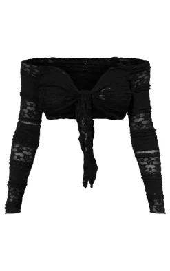 Black Lace Tie Front Long Sleeve Beach Top