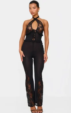 Black Lace Trim Mesh Halter Neck Sheer Jumpsuit