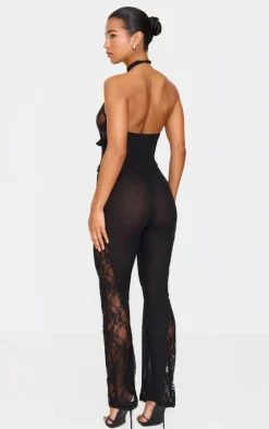 Black Lace Trim Mesh Halter Neck Sheer Jumpsuit