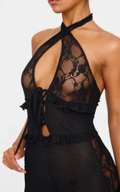 Black Lace Trim Mesh Halter Neck Sheer Jumpsuit