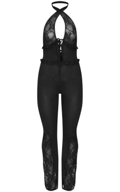 Black Lace Trim Mesh Halter Neck Sheer Jumpsuit