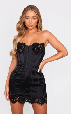 Black Lace Trim Satin Hook & Eye Detail Bandeau Bodycon Dress