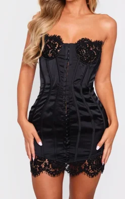Black Lace Trim Satin Hook & Eye Detail Bandeau Bodycon Dress