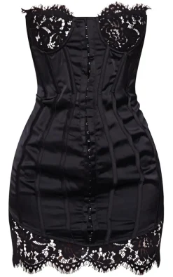 Black Lace Trim Satin Hook & Eye Detail Bandeau Bodycon Dress