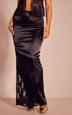 Black Lace Trim Satin Maxi Skirt