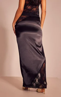 Black Lace Trim Satin Maxi Skirt