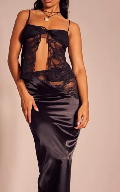 Black Lace Trim Satin Maxi Skirt