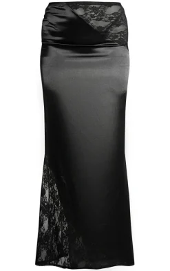 Black Lace Trim Satin Maxi Skirt