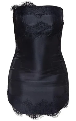 Black Lace Trim Satin Tailored Bandeau Bodycon Dress