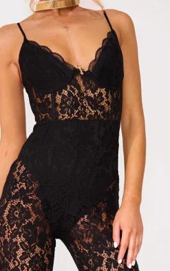 Black Lace Underwired Corset Strappy Jumpsuit