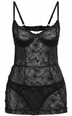 Black Lace Underwired Slip Dress Lingerie Set