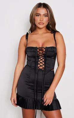 Black Lace Up Corset Frill Hem Shift Dress