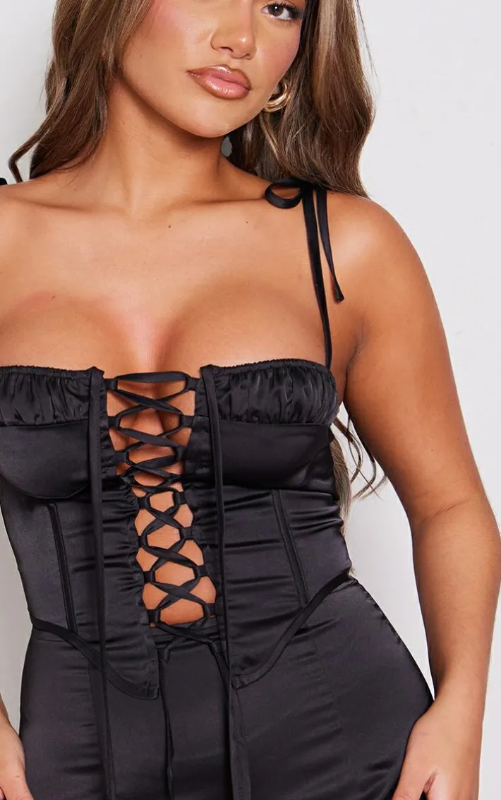 Black Lace Up Corset Frill Hem Shift Dress