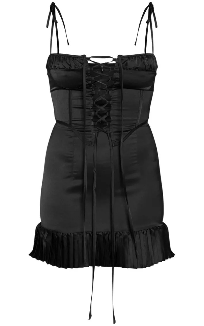 Black Lace Up Corset Frill Hem Shift Dress