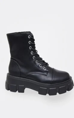 Black Lace Up Extreme Cleated Sole Combat Boots
