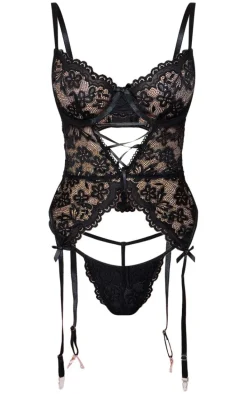 Black Lace Up Floral Lace Corset Lingerie Set
