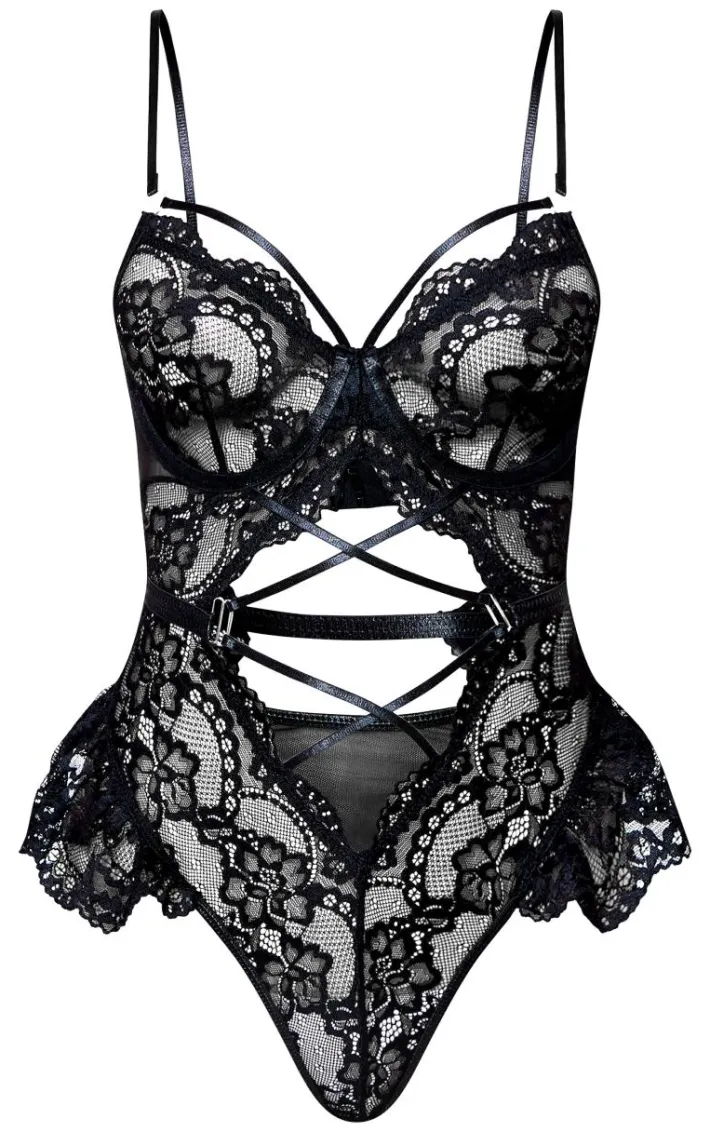 Black Lace Up Floral Lace Lingerie Bodysuit