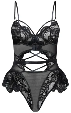 Black Lace Up Floral Lace Lingerie Bodysuit